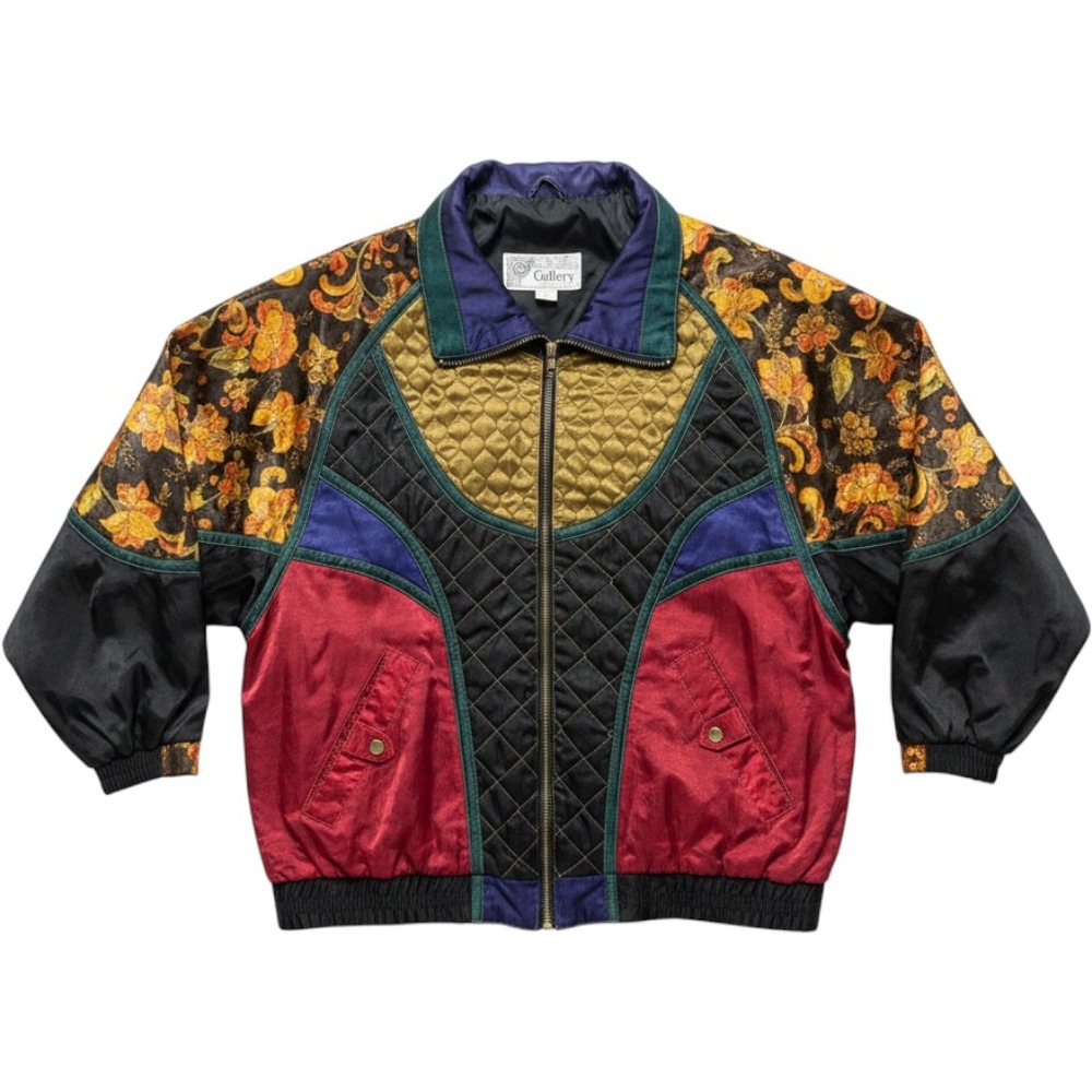 Vintage Gallery Sport Colorblock Quilted Floral Velvet Bomber Jacket Medium